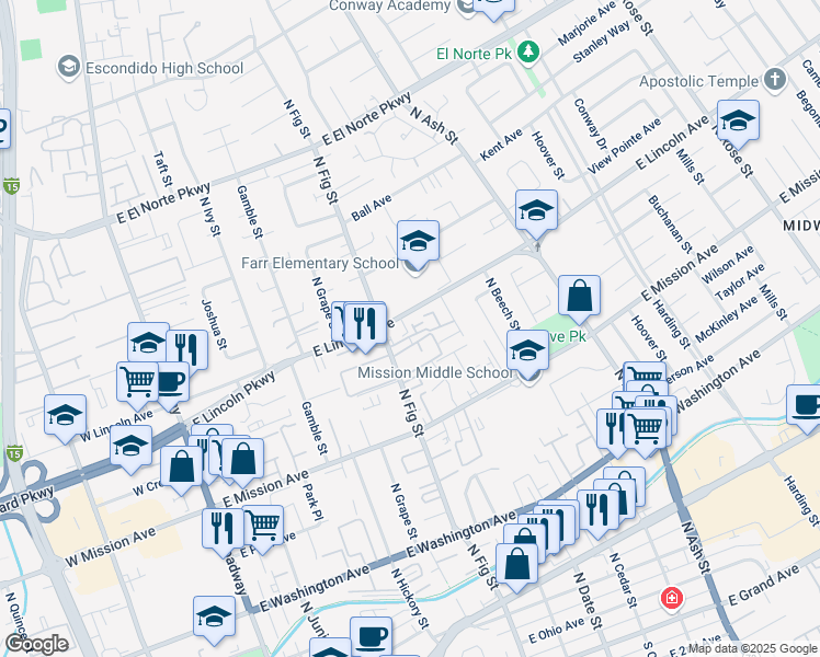 map of restaurants, bars, coffee shops, grocery stores, and more near 938 North Fig Street in Escondido