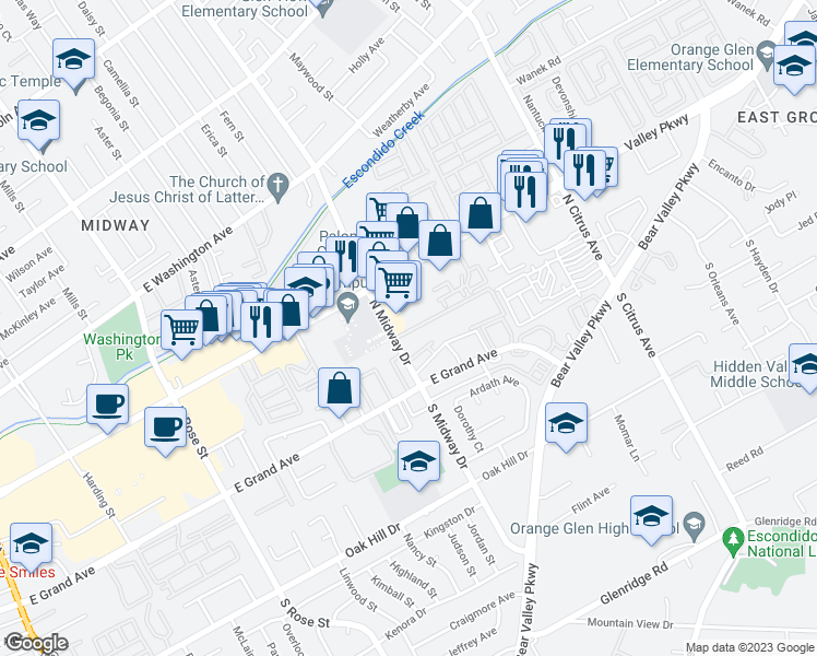 map of restaurants, bars, coffee shops, grocery stores, and more near 302 North Midway Drive in Escondido