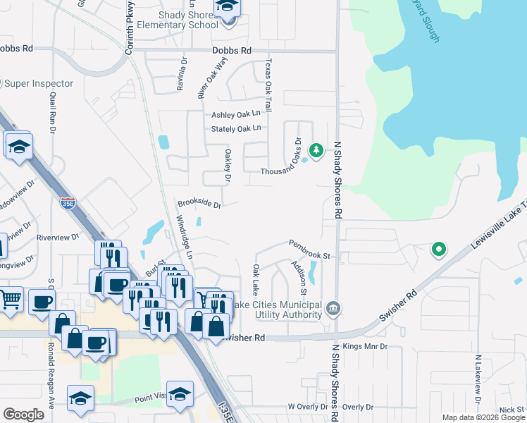 map of restaurants, bars, coffee shops, grocery stores, and more near 423 Brookside Drive in Lake Dallas