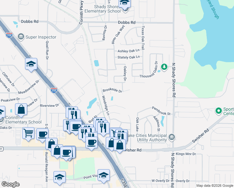 map of restaurants, bars, coffee shops, grocery stores, and more near 400 Brookside Drive in Lake Dallas