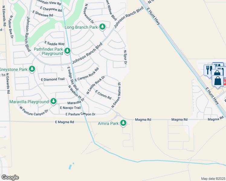 map of restaurants, bars, coffee shops, grocery stores, and more near 1126 East Saddleback Place in Queen Creek