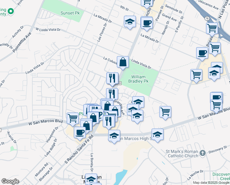 map of restaurants, bars, coffee shops, grocery stores, and more near 1691 Rue De Valle in San Marcos