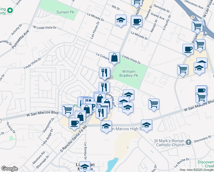 map of restaurants, bars, coffee shops, grocery stores, and more near 1723 Rue De Valle in San Marcos