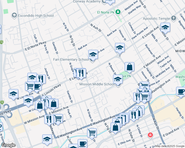 map of restaurants, bars, coffee shops, grocery stores, and more near in Escondido