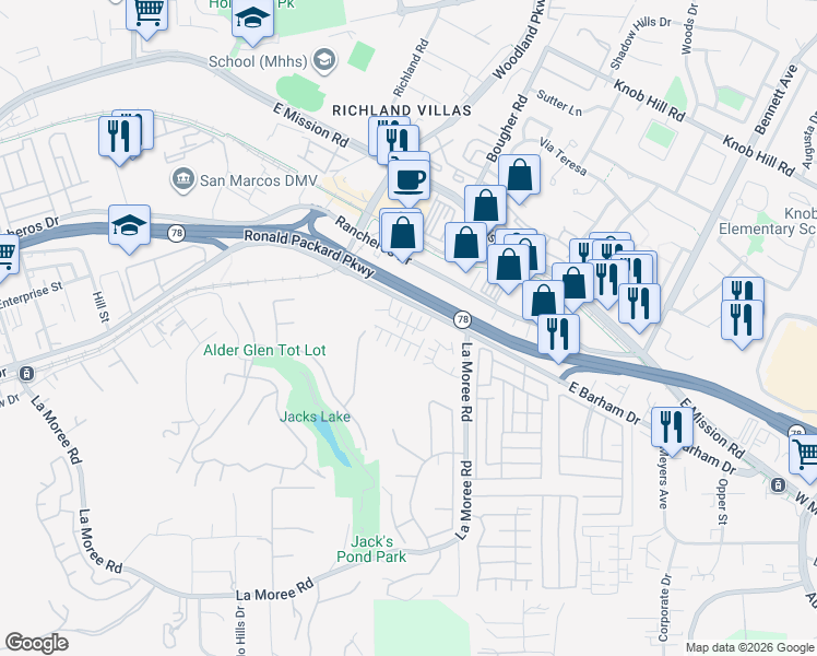 map of restaurants, bars, coffee shops, grocery stores, and more near 974 Mira Lago Way in San Marcos