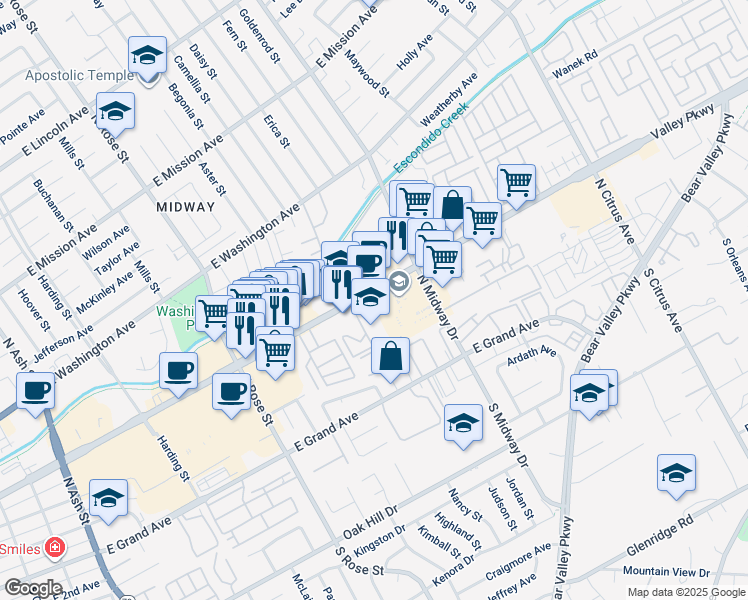 map of restaurants, bars, coffee shops, grocery stores, and more near 1895 East Valley Parkway in Escondido
