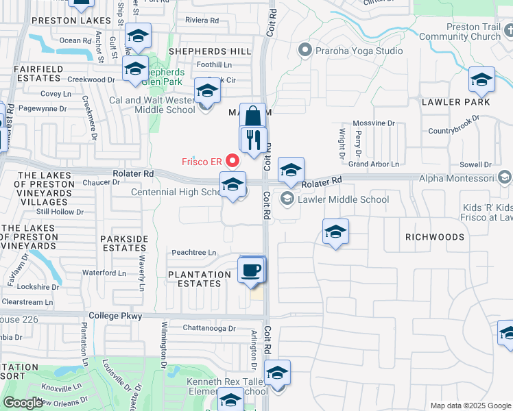 map of restaurants, bars, coffee shops, grocery stores, and more near 6901 Coit Road in Frisco