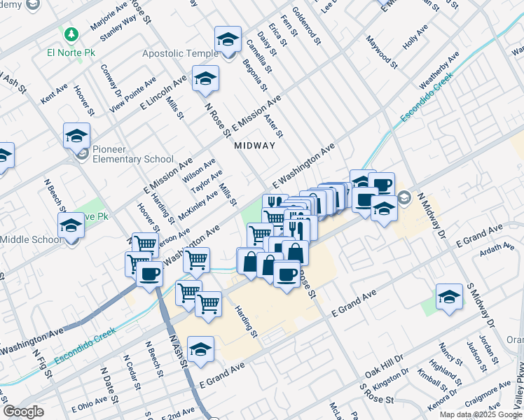 map of restaurants, bars, coffee shops, grocery stores, and more near 535 North Rose Street in Escondido