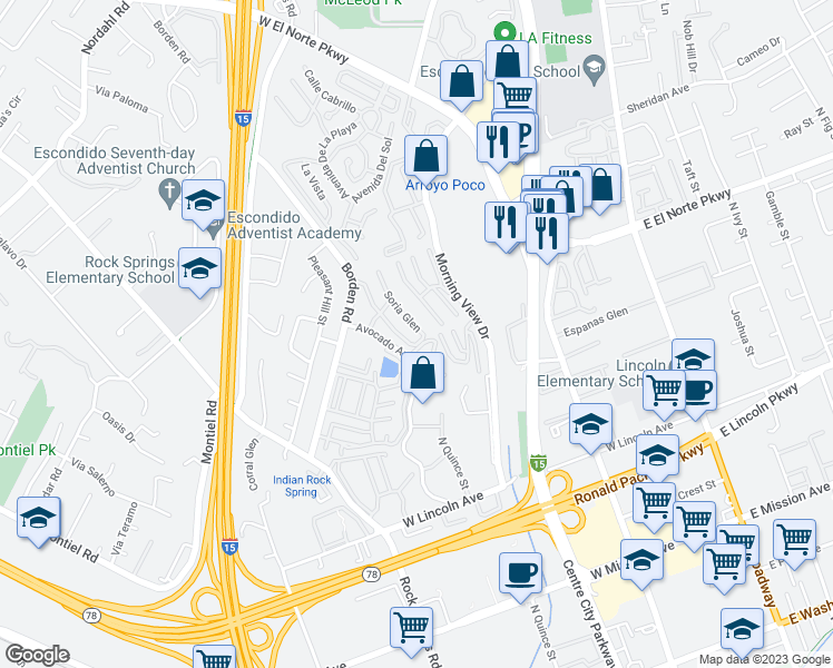 map of restaurants, bars, coffee shops, grocery stores, and more near 1225 Soria Glen in Escondido