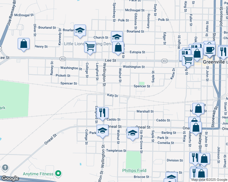 map of restaurants, bars, coffee shops, grocery stores, and more near 2927 Speedway Street in Greenville