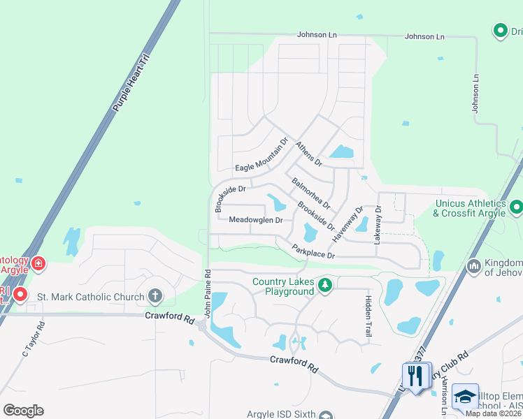 map of restaurants, bars, coffee shops, grocery stores, and more near 5801 Greenmeadow Drive in Argyle