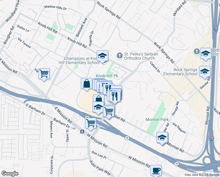 map of restaurants, bars, coffee shops, grocery stores, and more near 825 Nordahl Road in San Marcos