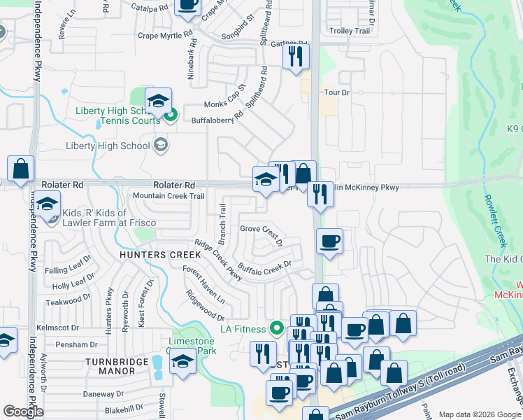 map of restaurants, bars, coffee shops, grocery stores, and more near 7008 Holland Drive in Frisco
