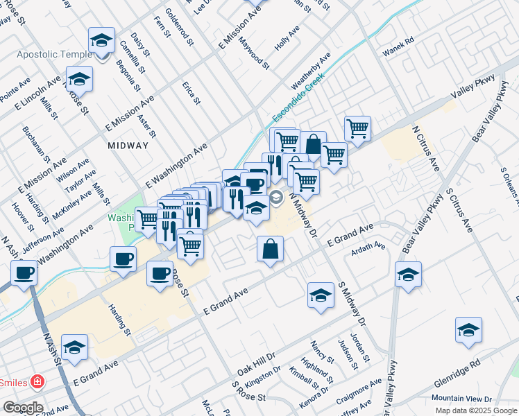 map of restaurants, bars, coffee shops, grocery stores, and more near 1895 East Valley Parkway in Escondido