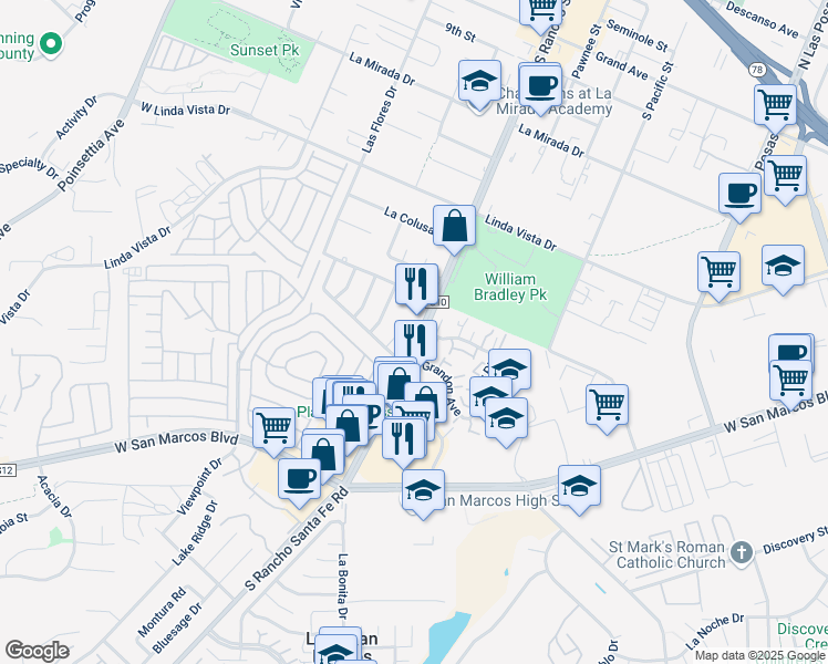 map of restaurants, bars, coffee shops, grocery stores, and more near 544 South Rancho Santa Fe Road in San Marcos