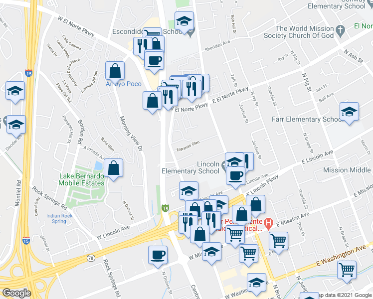 map of restaurants, bars, coffee shops, grocery stores, and more near 250 Espanas Glen in Escondido