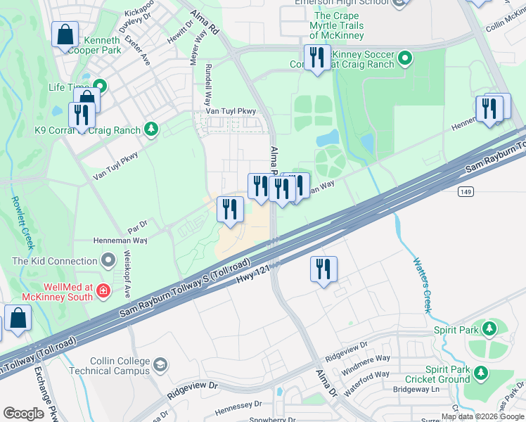 map of restaurants, bars, coffee shops, grocery stores, and more near 7201 Henneman Way in McKinney