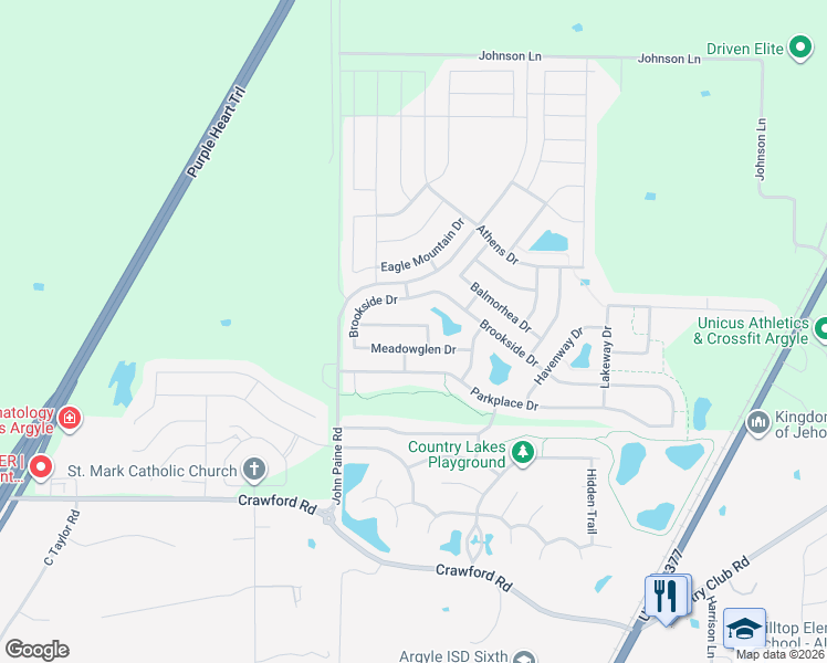 map of restaurants, bars, coffee shops, grocery stores, and more near 5801 Greenmeadow Drive in Argyle
