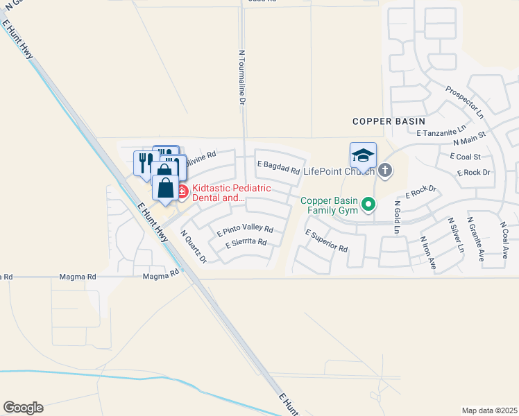 map of restaurants, bars, coffee shops, grocery stores, and more near 3040 East Superior Road in Queen Creek