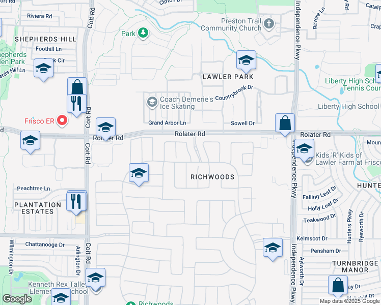 map of restaurants, bars, coffee shops, grocery stores, and more near 7038 Mercy Road in Frisco