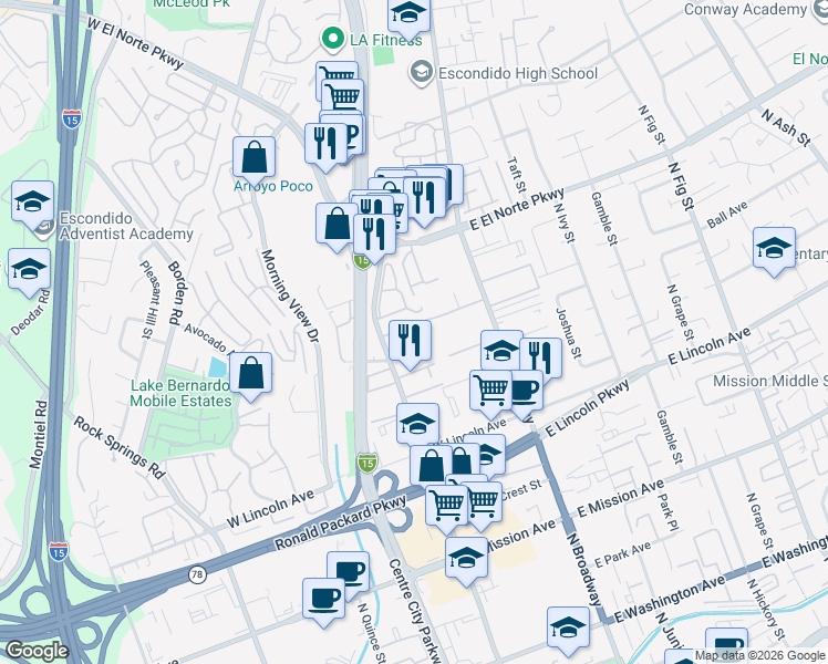 map of restaurants, bars, coffee shops, grocery stores, and more near 250 Espanas Glen in Escondido