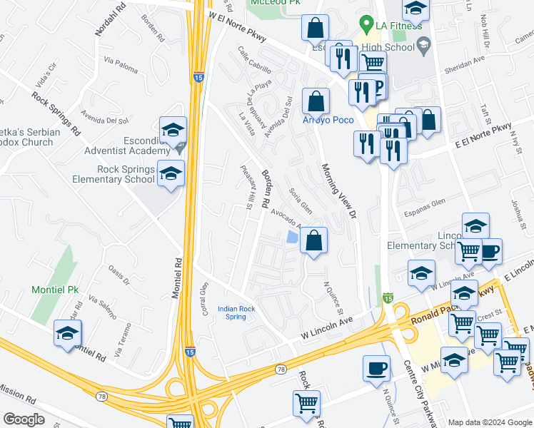 map of restaurants, bars, coffee shops, grocery stores, and more near 1272 Borden Road in Escondido