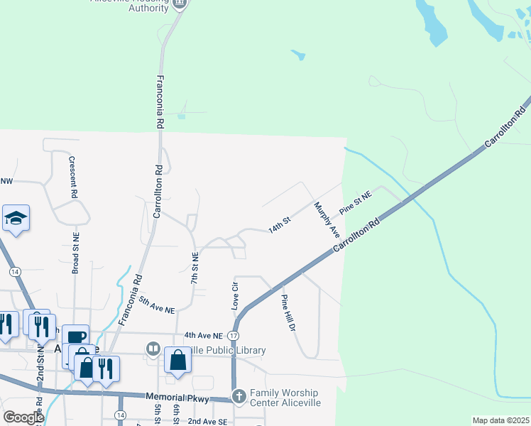 map of restaurants, bars, coffee shops, grocery stores, and more near 1919 Elm St NE in Aliceville