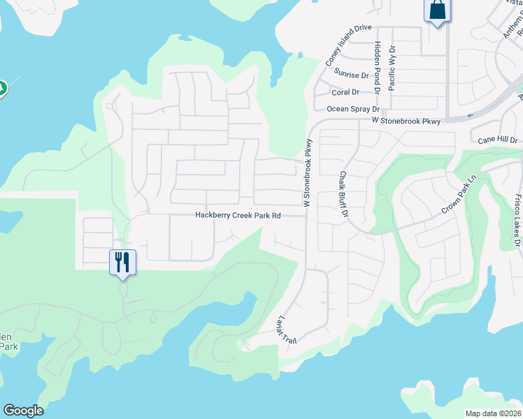 map of restaurants, bars, coffee shops, grocery stores, and more near 12112 Knots Lane in Frisco