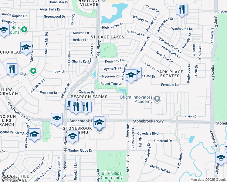 map of restaurants, bars, coffee shops, grocery stores, and more near 3136 Pack Saddle Way in Frisco