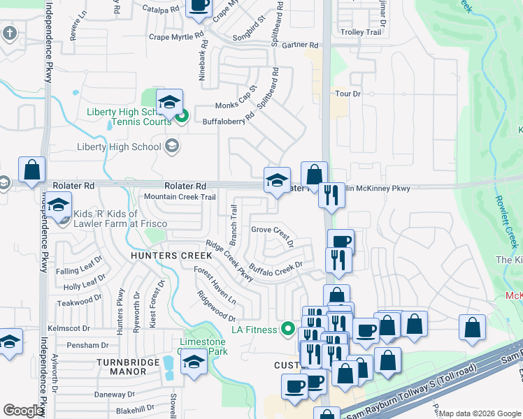 map of restaurants, bars, coffee shops, grocery stores, and more near 7008 Holland Drive in Frisco