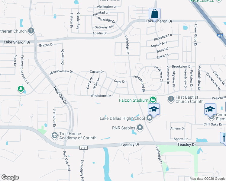 map of restaurants, bars, coffee shops, grocery stores, and more near 2808 Geronimo Drive in Corinth