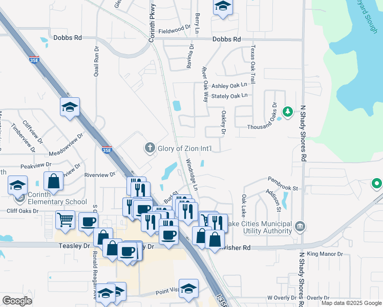 map of restaurants, bars, coffee shops, grocery stores, and more near 4502 Brookside Lane in Denton