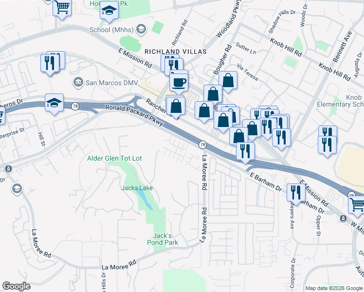 map of restaurants, bars, coffee shops, grocery stores, and more near 974 Mira Lago Way in San Marcos