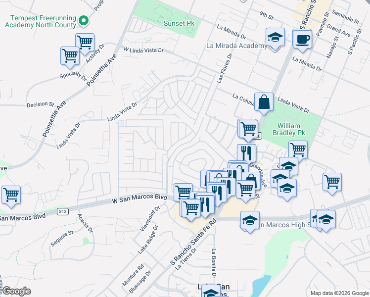 map of restaurants, bars, coffee shops, grocery stores, and more near Viewpoint Dr in San Marcos