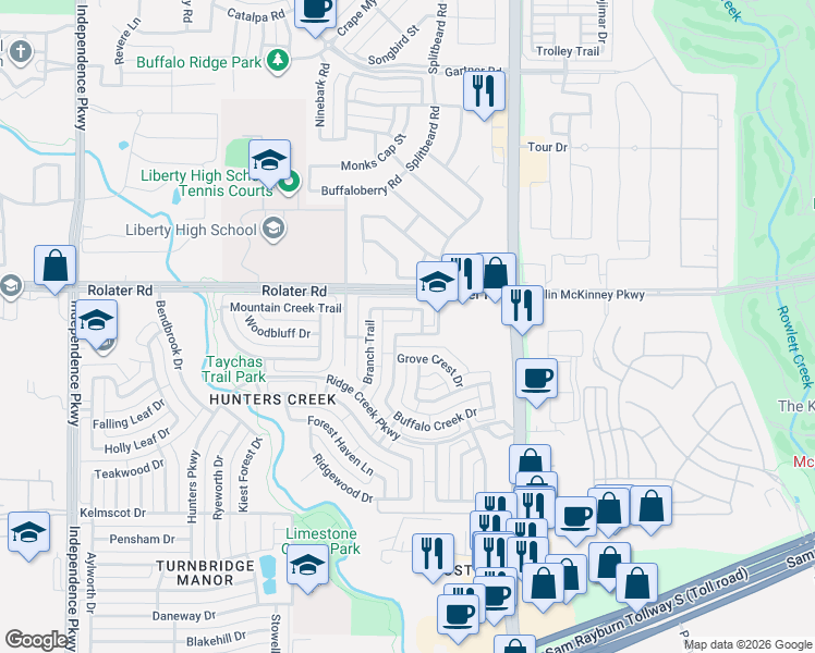 map of restaurants, bars, coffee shops, grocery stores, and more near 15602 Brookwood Drive in Frisco