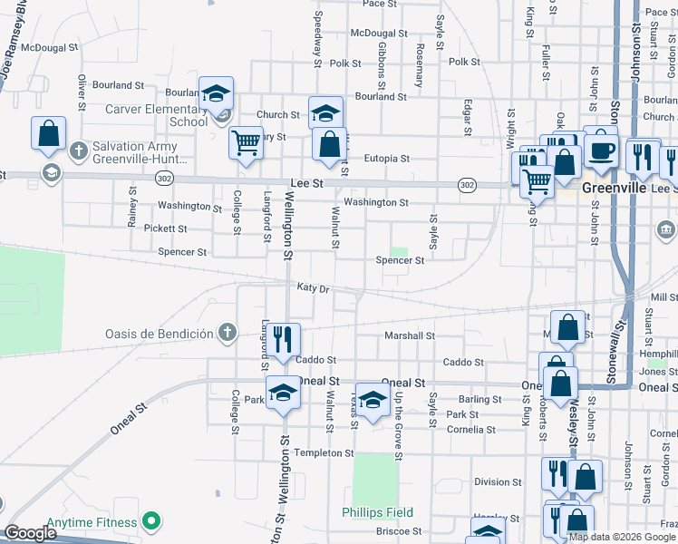 map of restaurants, bars, coffee shops, grocery stores, and more near 2917 Walnut Street in Greenville
