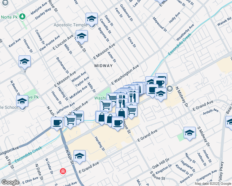 map of restaurants, bars, coffee shops, grocery stores, and more near 1620 Riva Lane in Escondido