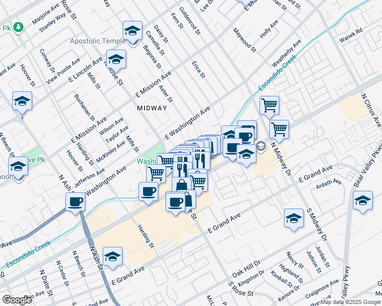 map of restaurants, bars, coffee shops, grocery stores, and more near 495 Aster Street in Escondido