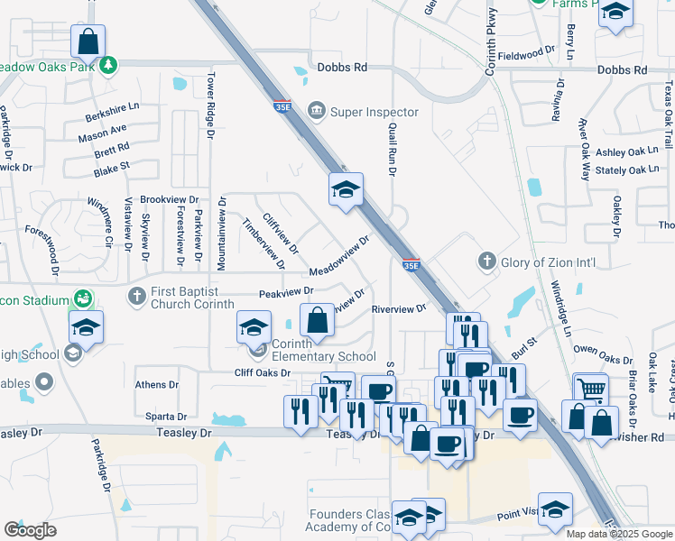 map of restaurants, bars, coffee shops, grocery stores, and more near 3509 Meadowview Drive in Corinth