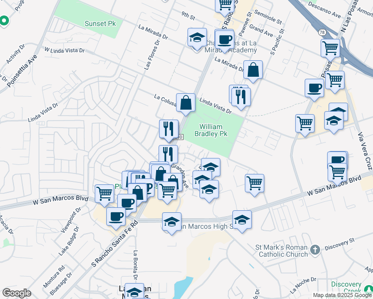 map of restaurants, bars, coffee shops, grocery stores, and more near 522 Margie Place in San Marcos