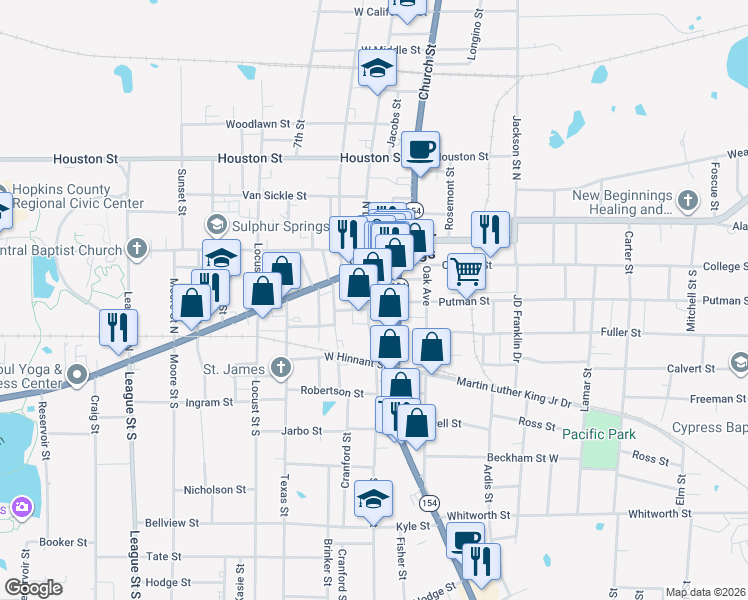 map of restaurants, bars, coffee shops, grocery stores, and more near 128 South Davis Street in Sulphur Springs