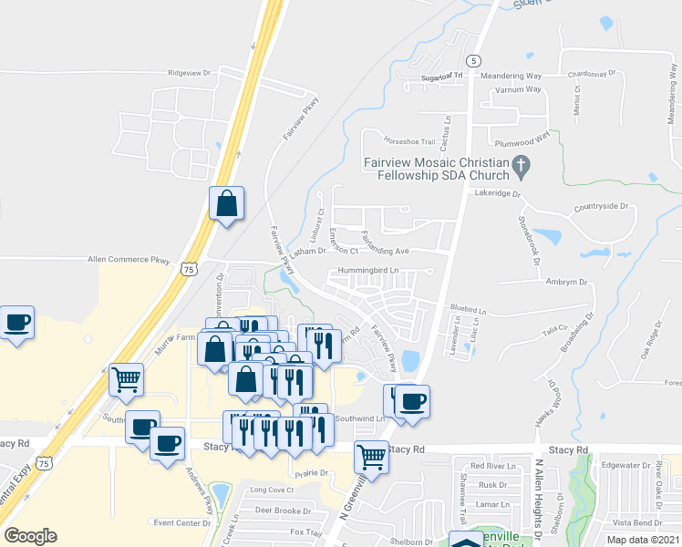 map of restaurants, bars, coffee shops, grocery stores, and more near 5617 Hummingbird Lane in McKinney