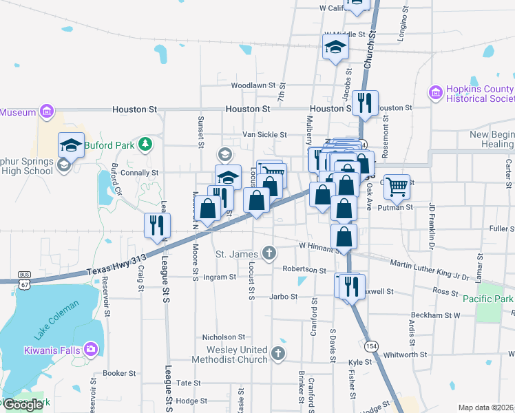 map of restaurants, bars, coffee shops, grocery stores, and more near 517 Main Street in Sulphur Springs