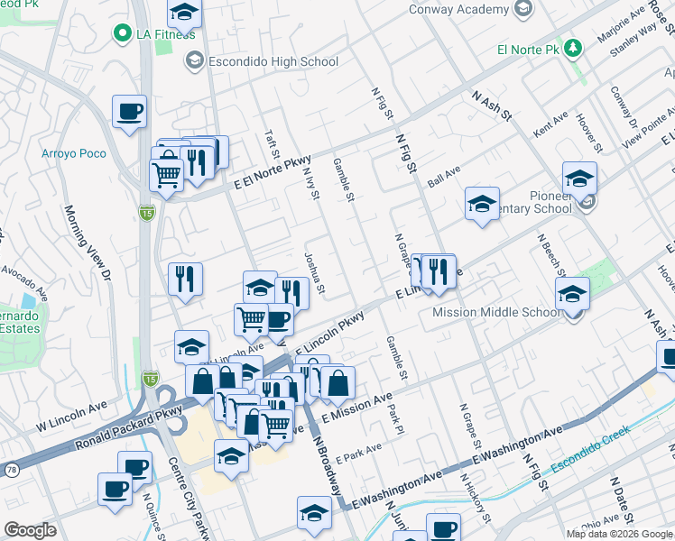 map of restaurants, bars, coffee shops, grocery stores, and more near 1043 North Ivy Street in Escondido