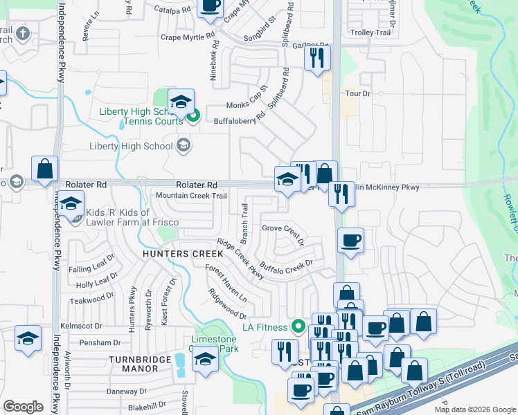 map of restaurants, bars, coffee shops, grocery stores, and more near 15602 Brookwood Dr in Frisco