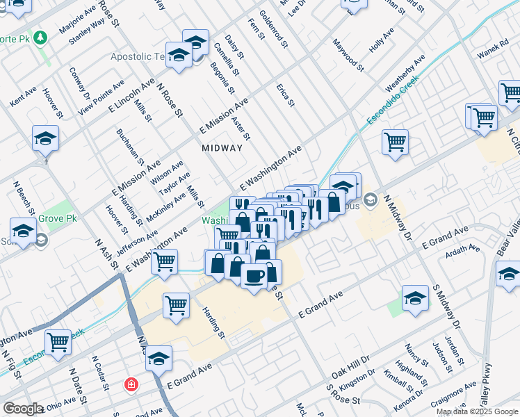 map of restaurants, bars, coffee shops, grocery stores, and more near 1620 Riva Lane in Escondido