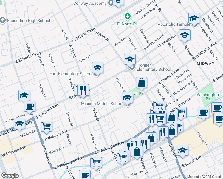 map of restaurants, bars, coffee shops, grocery stores, and more near 917 North Cedar Street in Escondido