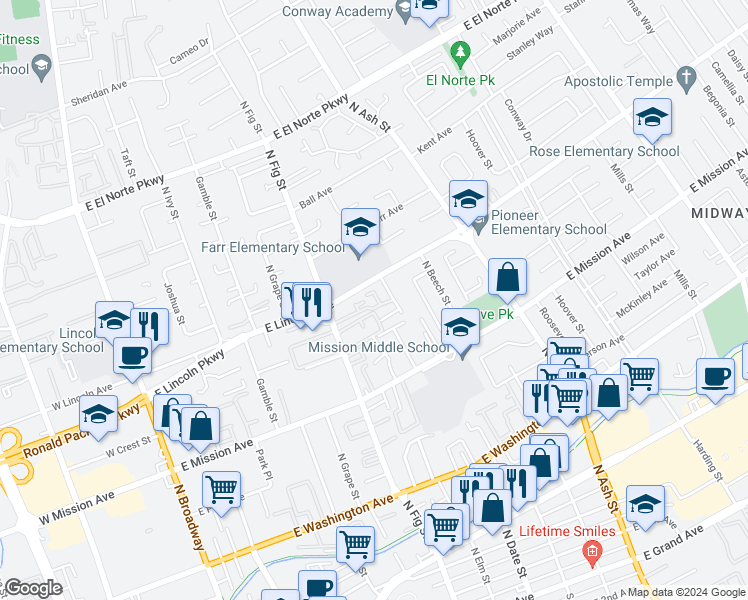 map of restaurants, bars, coffee shops, grocery stores, and more near 935 Martin Drive in Escondido