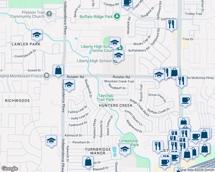 map of restaurants, bars, coffee shops, grocery stores, and more near 15055 Woodbluff Drive in Frisco