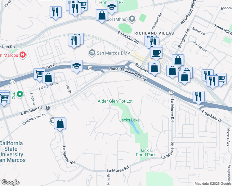 map of restaurants, bars, coffee shops, grocery stores, and more near 376 Flower Hill Way in San Marcos